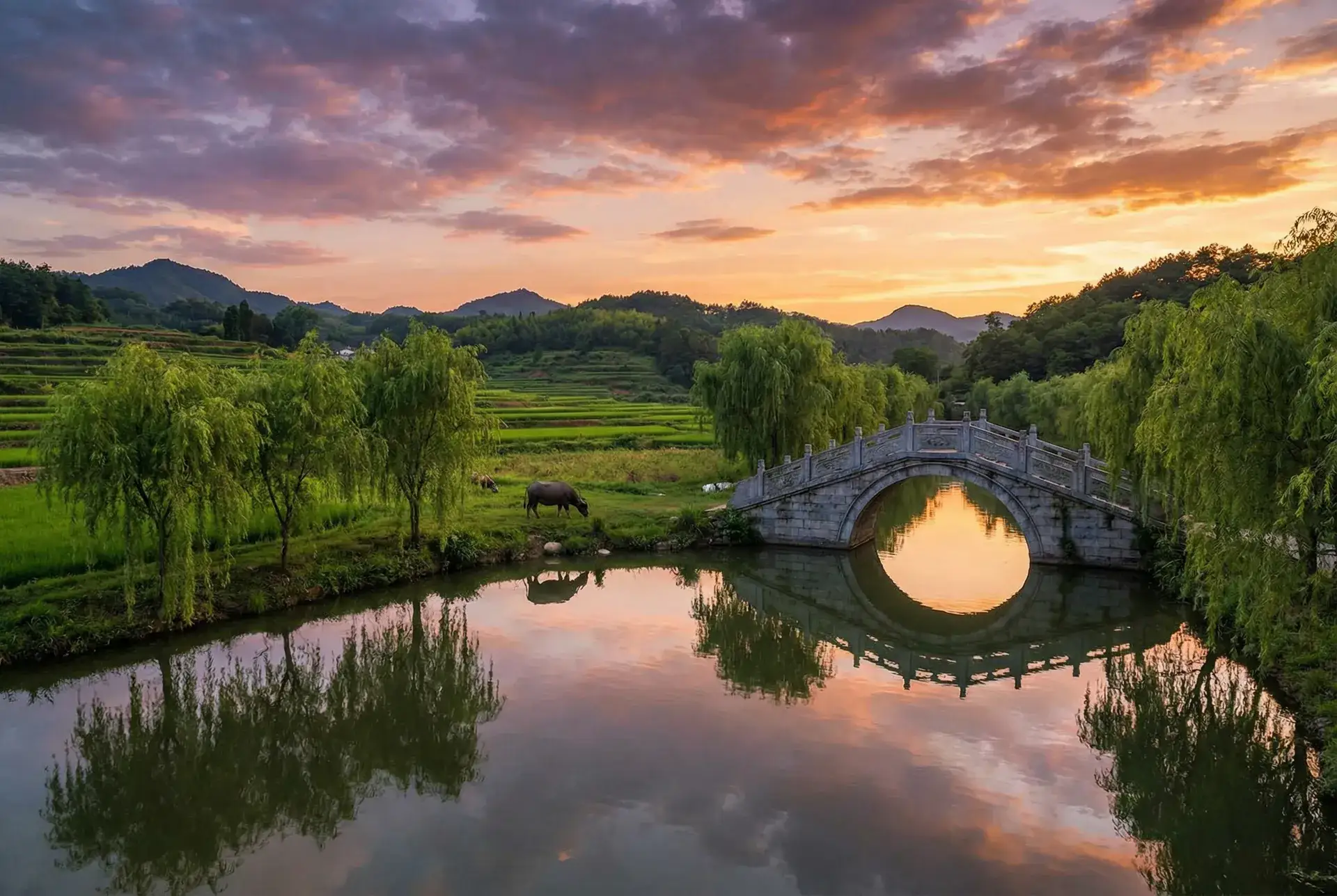 夕阳下的石拱桥与垂柳，水牛在河边吃草 - 宝贝你看我是怎么入你的 乡村美景